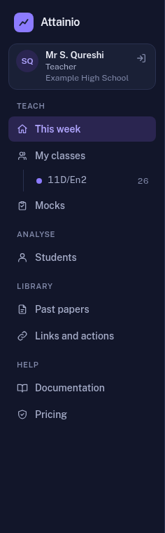 The left-hand menu for a teacher, with Teach, Analyse, Library and Help groups.