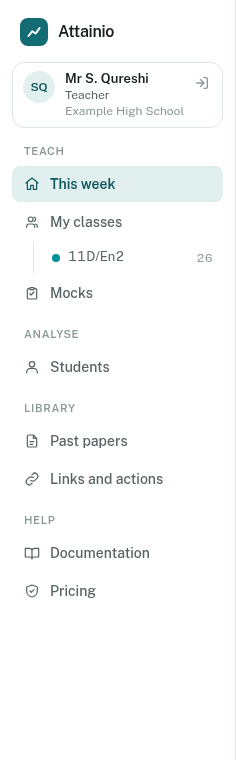 The left-hand menu for a teacher, with Teach, Analyse, Library and Help groups.