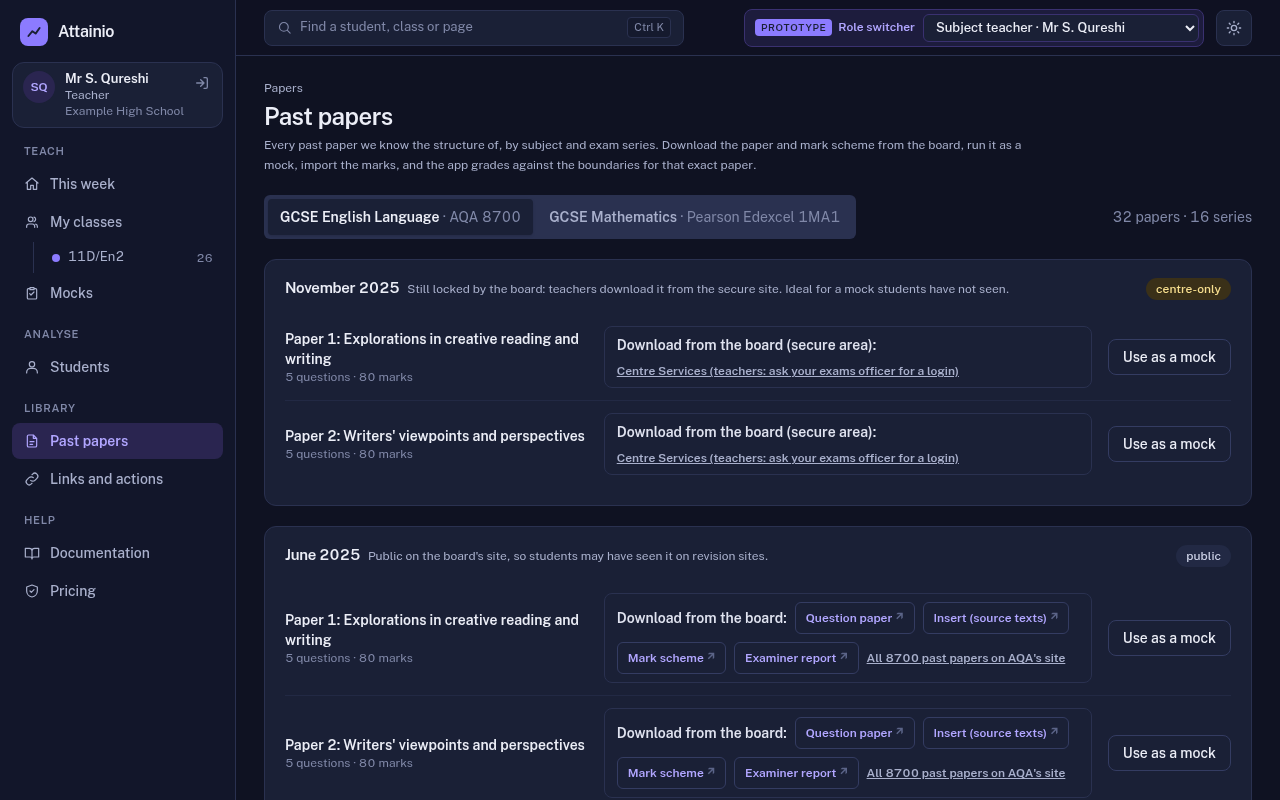 The past papers library, listing papers by series with links to the exam board.