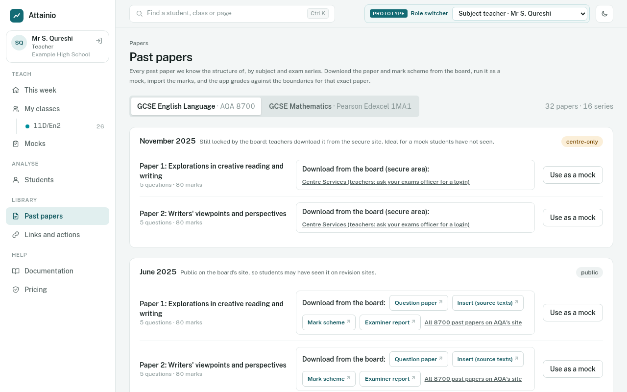 The past papers library, listing papers by series with links to the exam board.