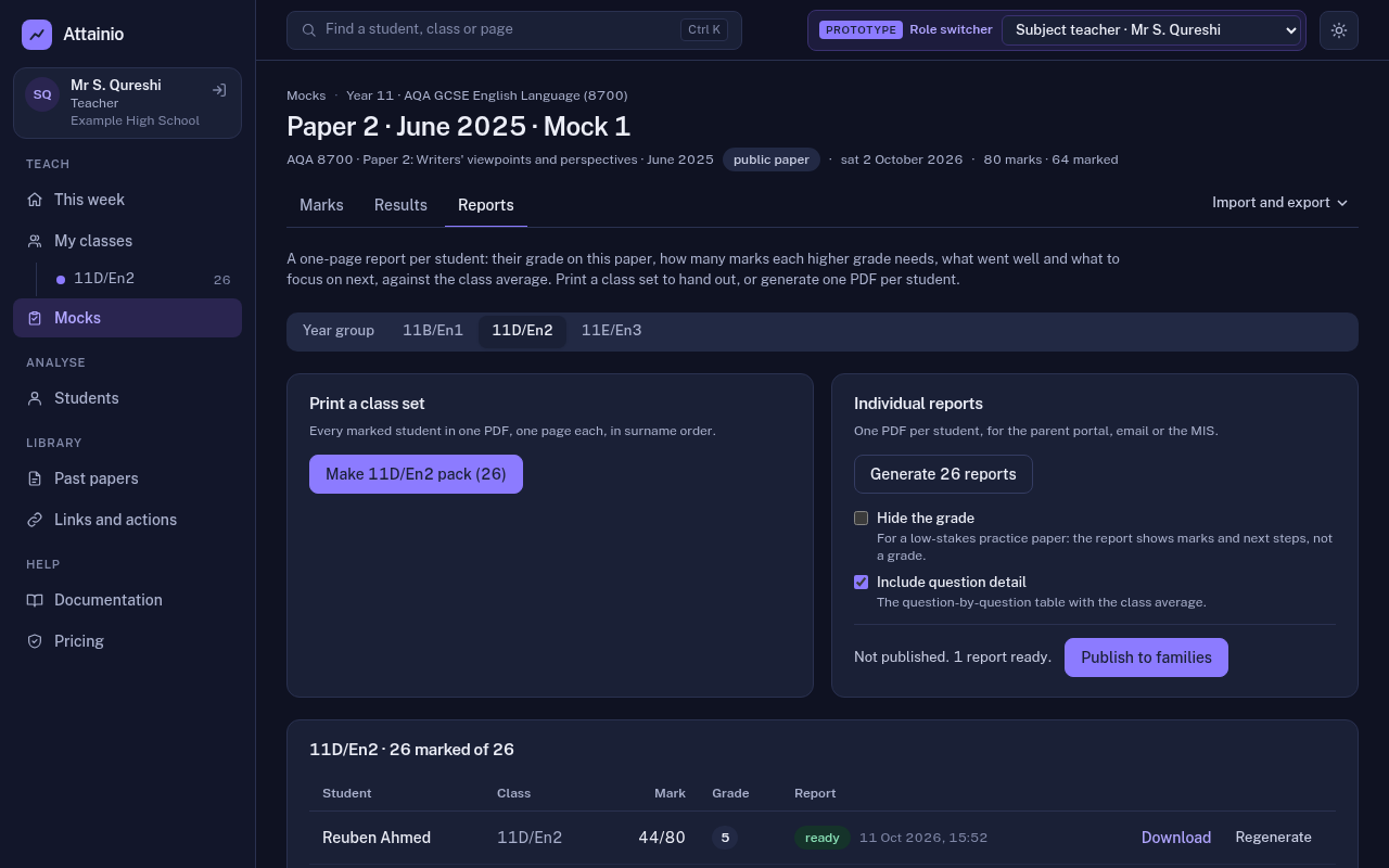A mock’s Reports tab, with the class pack, individual reports, report options and Publish to families.
