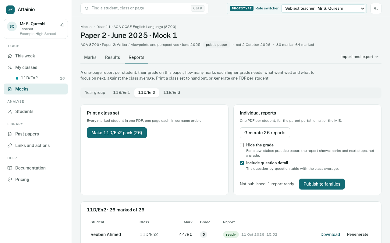 A mock’s Reports tab, with the class pack, individual reports, report options and Publish to families.