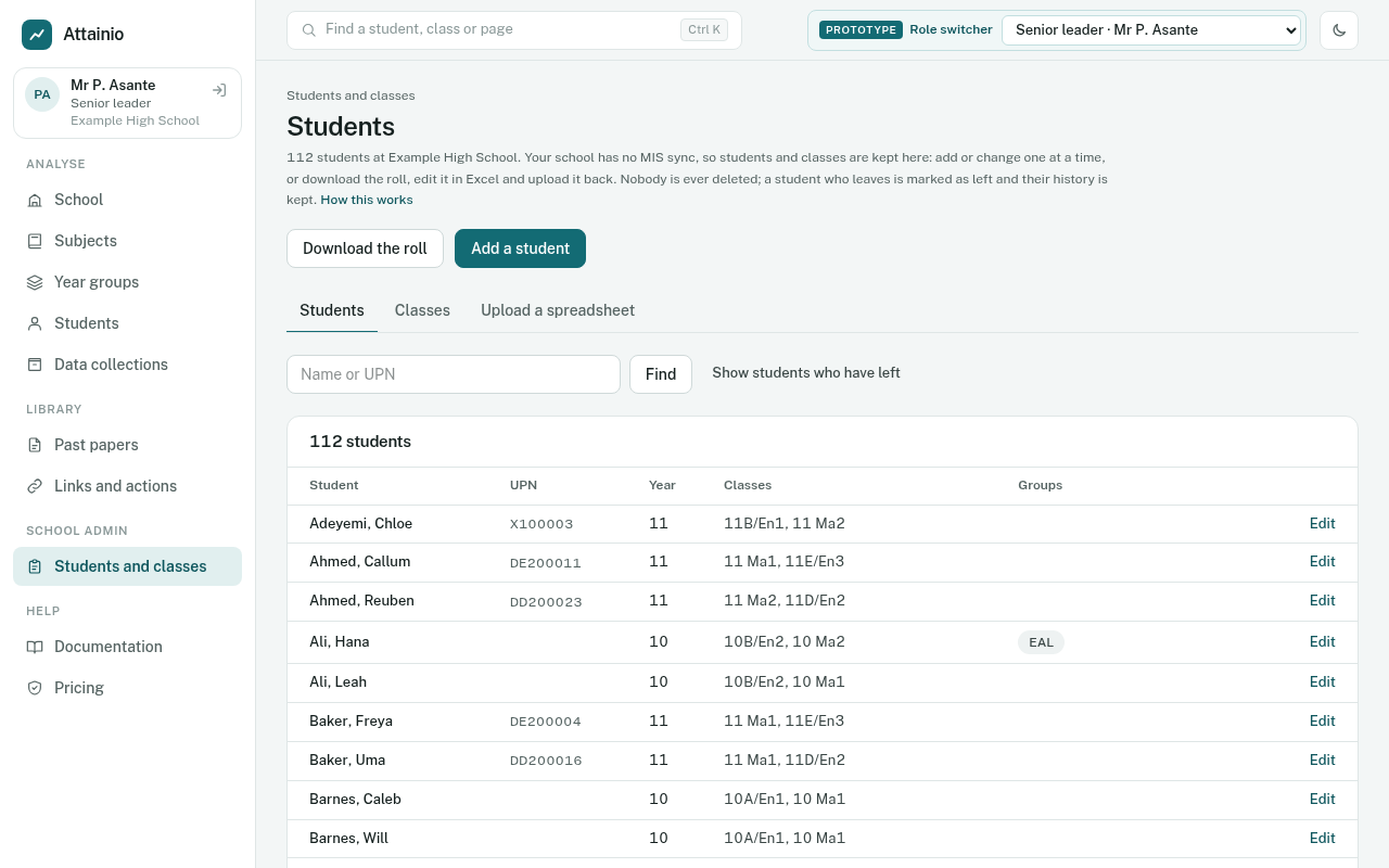 Students and classes: every student with their UPN, year, classes and groups, with Add a student and Download the roll.